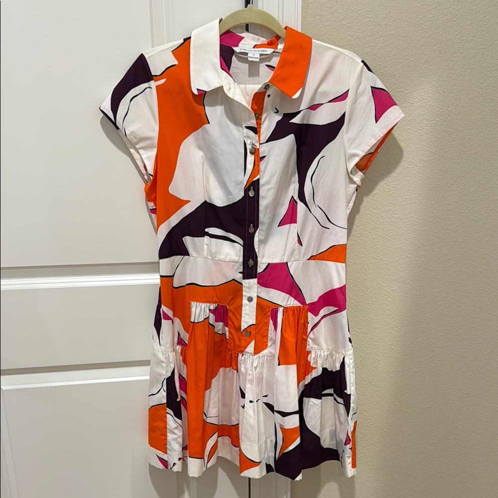 Diane Von Furstenberg Orange White Flutter Sleeve Mini Dress
